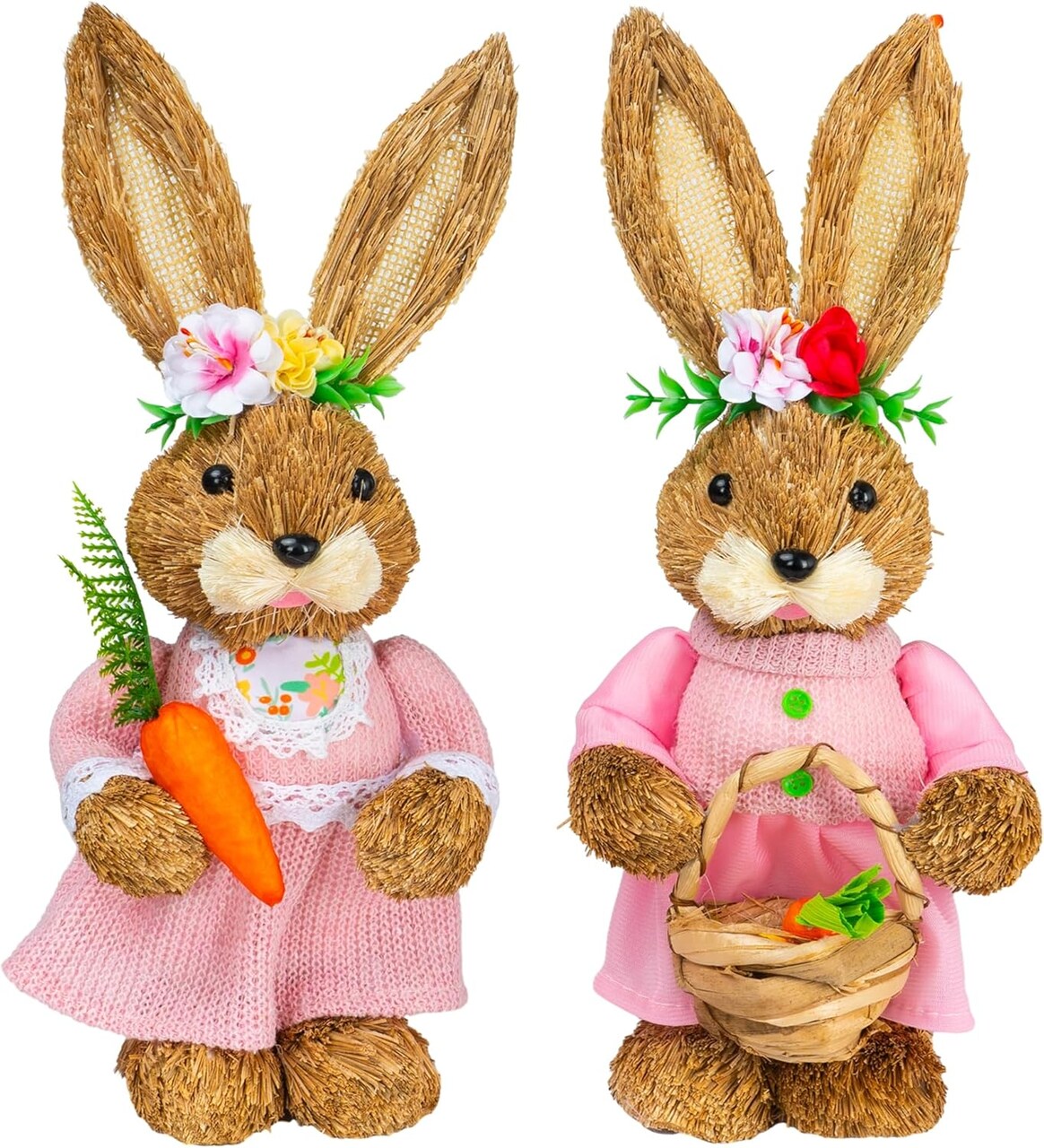 2Pack Easter Bunny Decorations Indoor, 14 Inch Straw Standing Bunny with Carrot Tabletop Figurine, Easter Rabbits Status for Home Farmhouse Spring Decor